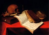 Vanitas with Music Sheets, an Hourglass and a Skull