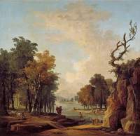 Wooded River Landscape with a Traveller, a Barking Dog, a Horseman and Women Washing at an Islet