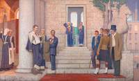 Wounded and Sick Men Gathered Outside a Hospital
