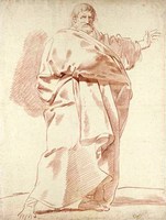 A Bearded Man in a Thick Cloak Gesturing to the Right