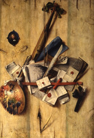 Trompe l'oeil with Violin, Painter's Implements and Self-Portrait.