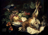 Nature morte avec lièvre, fruit et perroquet