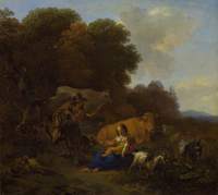 A Peasant Playing a Hurdy-Gurdy to a Woman and Child in a Woody Landscape