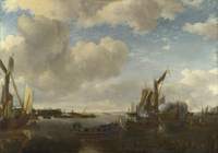 A River Scene with a Dutch Yacht Firing a Salute as Two Barges pull away