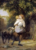 A Mother And Child With A Goat On A Path