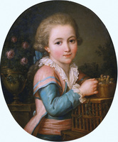 Portrait of a Boy Feeding Two Birds