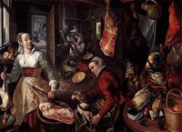 The Four Elements: Fire.  A Kitchen Scene with Christ in the House of Martha and Mary in the Background