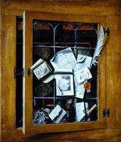 A Trompe l'oeil of an Open Glazed Cupboard Door