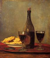 Still Life: Two Glass of Red Wine, a Bottle of Wine; a Corkscrew and a Plate of Biscuits on a Tray