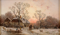 Winter landscape with farmstead and children playing