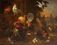 A Cock and a Turkey Fighting with other Fowl