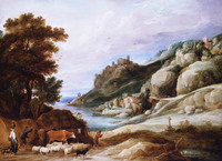 A Shepherd with His Flock in a Mountainous Landscape