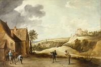 Landscape with Peasants Playing Bowls outside an Inn