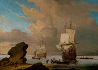Seascape:  Ships and Boats in a Calm off a Rocky Shore