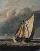 Seascape:  A Yacht Sailing under a Rainy Sky