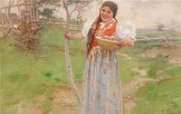 A peasant woman with a basket with Easter eggs