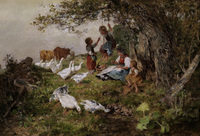 Rural idyll with playing children, farmer and flock of geese on a spring day