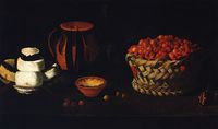 Naturaleza muerta, Cesta con cerezas, quesos y barros