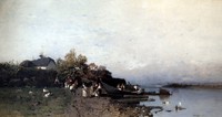Fishermen's Ferry on the Bank of the River Tisza