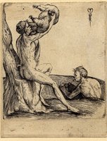 Two fauns, one drinking from a wine-skin, the other playing the bagpipes