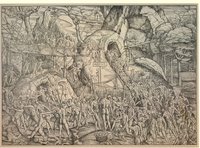 Battle between men and satyrs, with numerous figures fighting in a rocky landscape