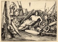 A female figure of Victory reclining amid a pile of trophies of war