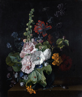 Hollyhocks and Other Flowers in a Vase