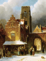 A Busy Day in a Wintry Dutch Town