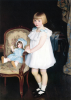 Portrait of a Little Girl with Doll Seated on a Sofa