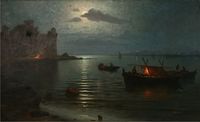 Coastal Scene in Málaga with a Castle Ruin and Fishermen