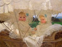 The artist's twin daughters in a pram