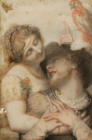 Couple embracing with parrot above