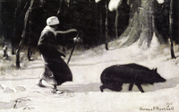 Through the storm 'He silently glided along in front of her while the woods sheltered them.'