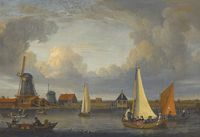A River Landscape with Fishermen in Rowing Boats and Windmills Beyond