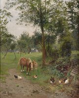Summer Landscape with Grazing Mare and Foal