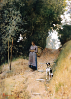 Contadina con gerla e cane