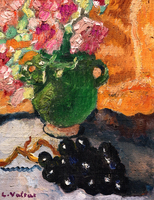 Green Pot, Pink Flowers and Grapes