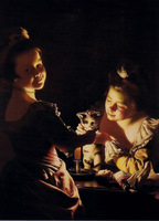 Two Girls Dressing a Kitten by Candlelight