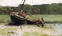 Salt Marsh Landscape with Two Children near a Beached Sailboat and Dory
