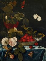 Still life with roses, glass and Chinese bowl with cherries