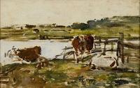 Barrière près d’une mare avec deux vaches (Fence near a Pond with Two Cows)
