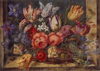 Flower study: various flowers in a basket, with frog and insects and in a window setting