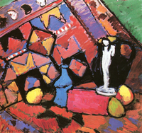 Still Life with Pitcher and Sculpture on a Tablecloth