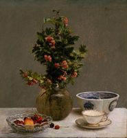 Still Life with Vase of Hawthorn, Bowl of Cherries, Japanese Bowl, and Cup and Saucer