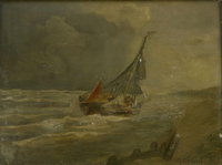Sailing Boat Before the Coast in an Approaching Rain