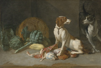Two Hounds with a Still Life of Entrails, Artichokes, Lettuce, Squash