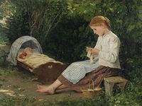 Knitting Girl Watching a Toddler in a Cradle